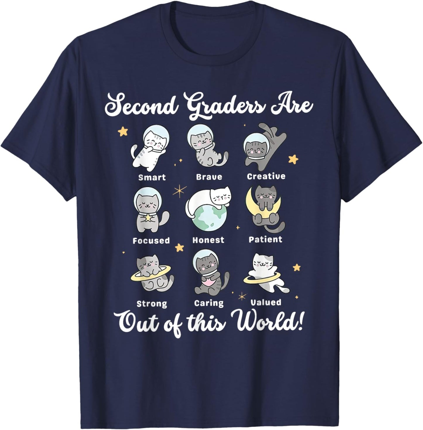 Second Grade are Out of This Word Astronaut Cat Space Teach T-Shirt - T-Shirt | Navy