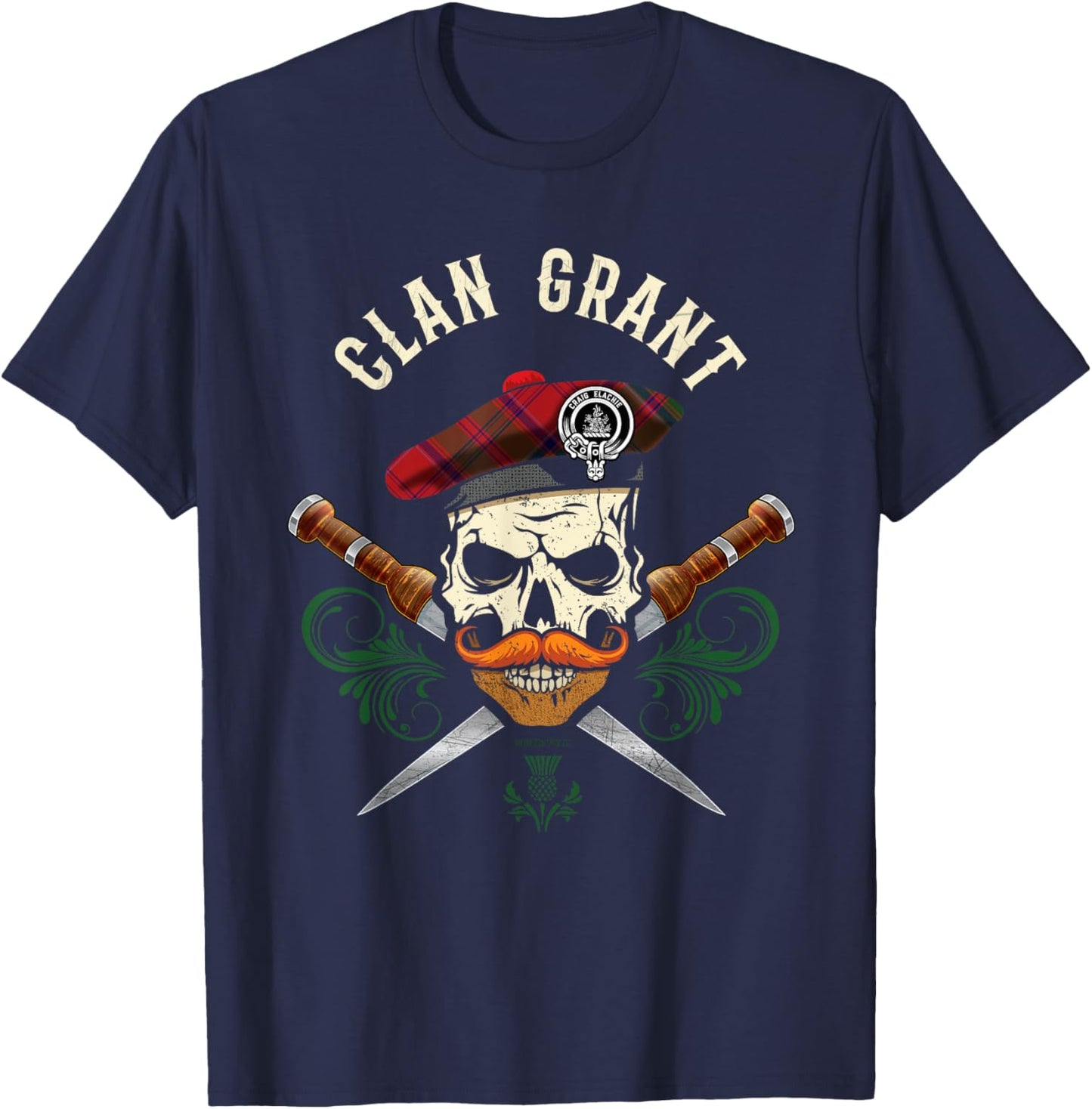 Scottish Clan Grant Surname Skull Dirks Tartan Badge T-Shirt - T-Shirt | Navy