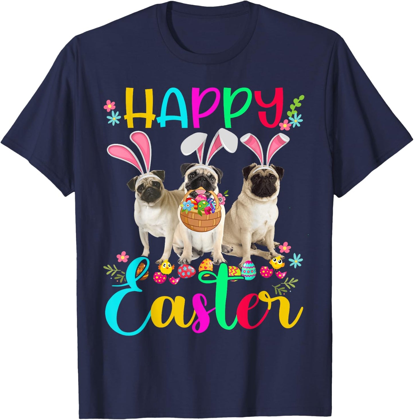 Happy Easter Three Pug Wearing Bunny Ear Pug Lover T-Shirt - T-Shirt | Navy