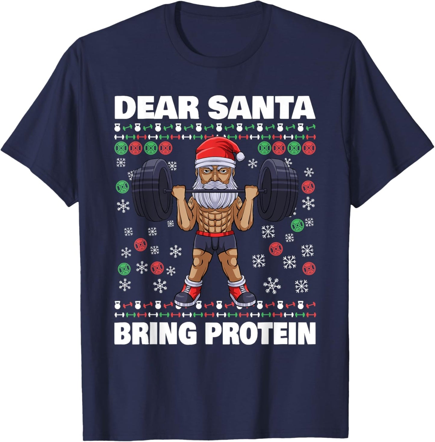 Santa Bring Protein Workout Liftmas Gym Ugly Christmas T-Shirt - T-Shirt | Navy