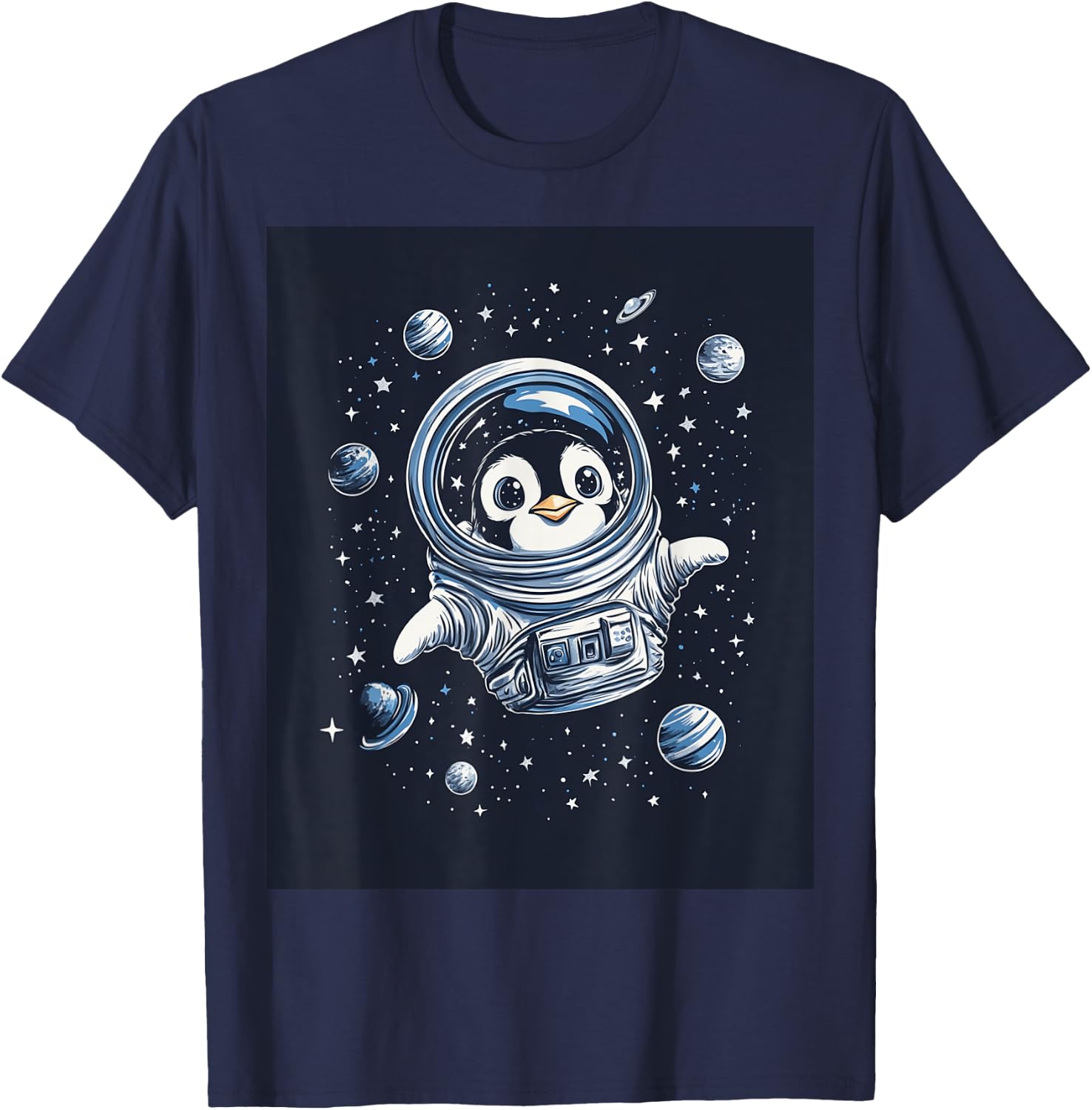 Cute Penguin in Space Floating Among Stars Apparel T-Shirt - T-Shirt | Navy