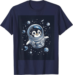 Cute Penguin in Space Floating Among Stars Apparel T-Shirt - T-Shirt | Navy