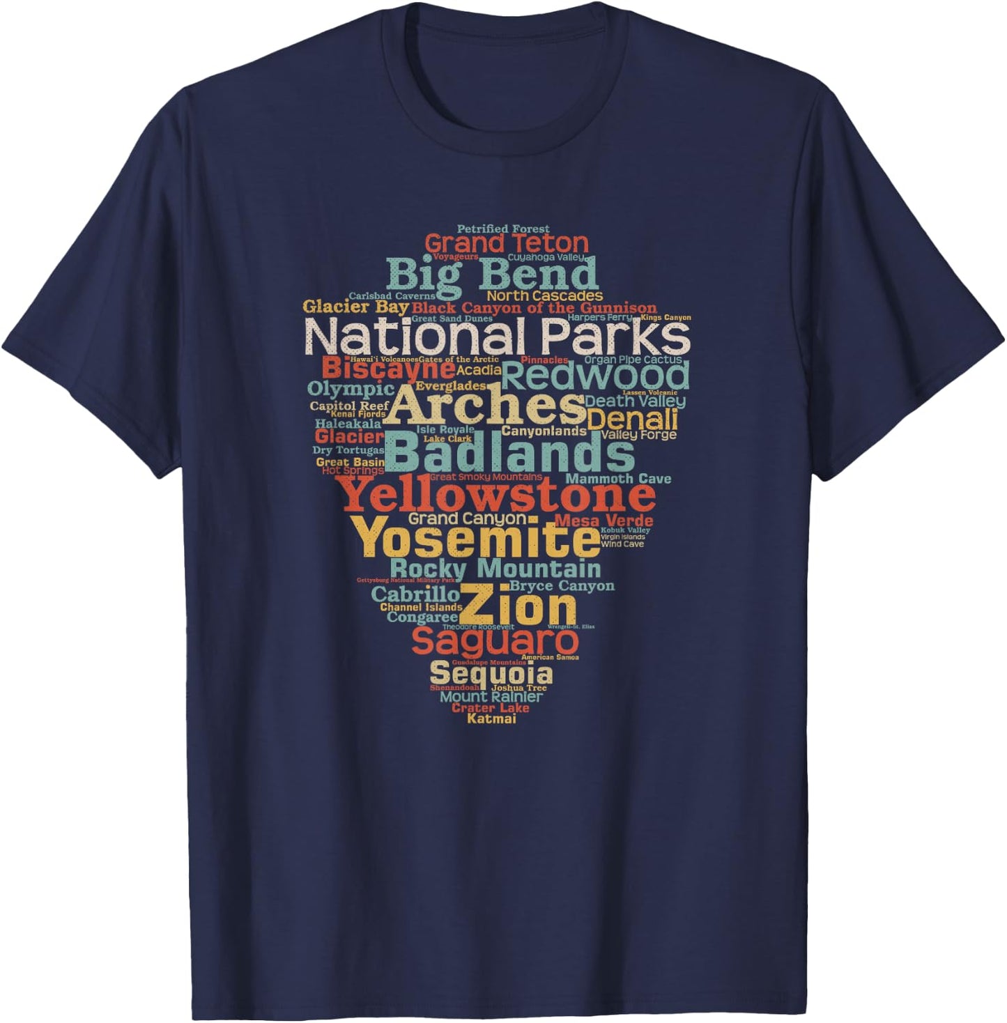 National Parks List Word Cloud Camping Hiking Men Women Kids Short Sleeve T-Shirt - T-Shirt | Navy