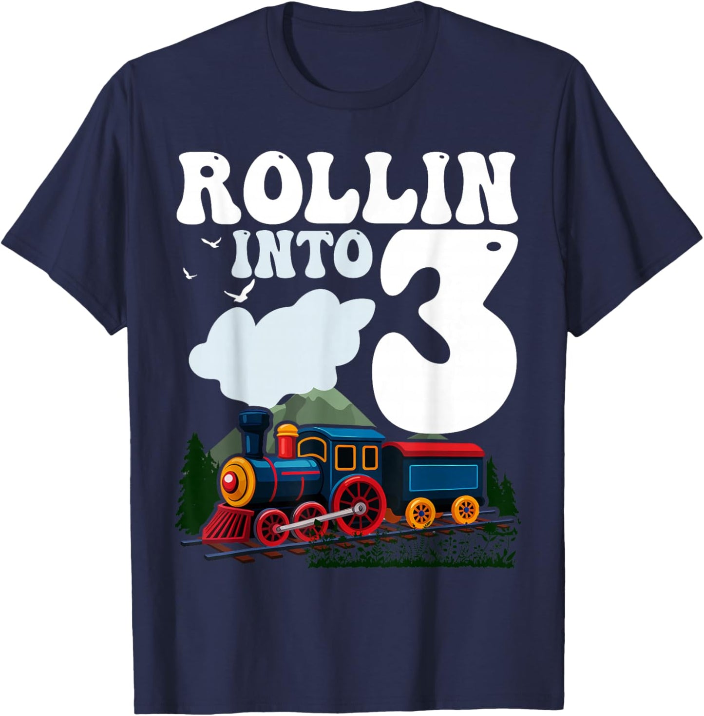 Rollin' Into 3 Train 3rd Birthday Party Three Years Old Boys T-Shirt - T-Shirt | Navy
