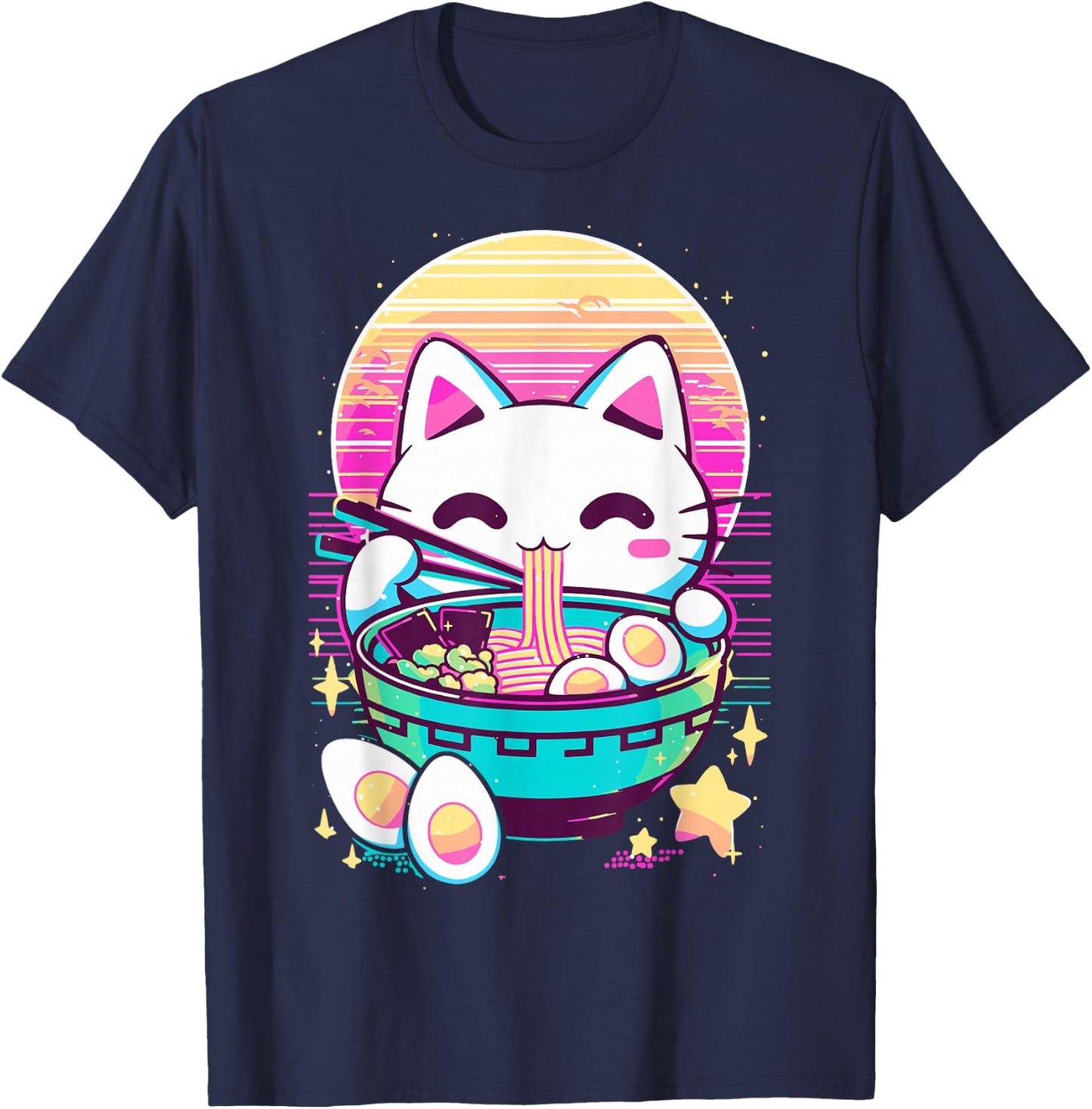 Anime Cat Eating Ramen Japanese Ramen Cat Japan T-Shirt - T-Shirt | Navy