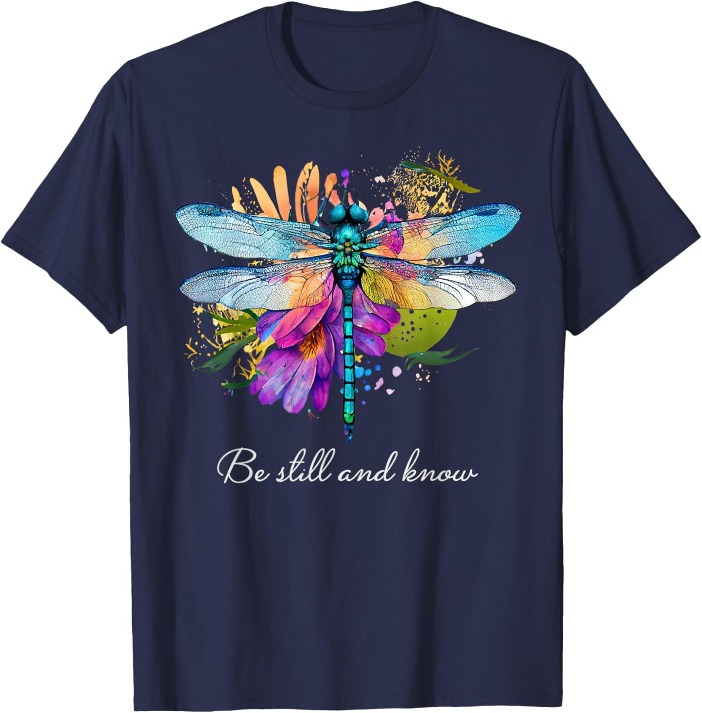 Be still and know Floral Dragonfly Christian Summer Women Kids T-Shirt - T-Shirt | Navy