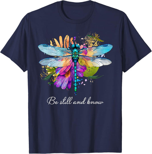 Be still and know Floral Dragonfly Christian Summer Women Kids T-Shirt - T-Shirt | Navy