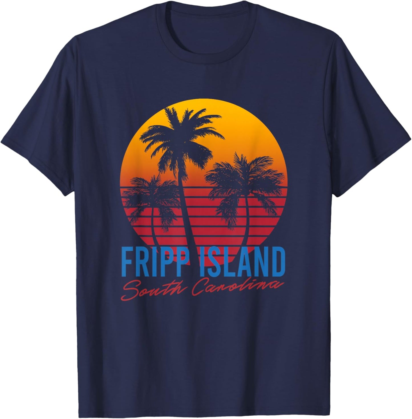 Vintage Fripp Island South Carolina Palm Trees Sunset Retro T-Shirt - T-Shirt | Navy