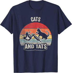 Vintage Cats and Tats Shirt Cat Tattoo Lover Cats & Tats T-Shirt - T-Shirt | Navy