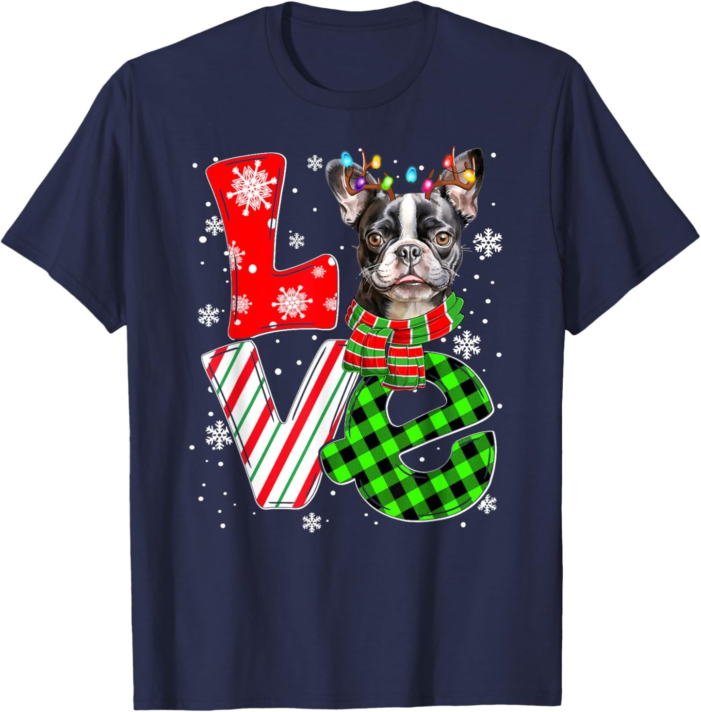 Boston Terrier Christmas Tree Lights Santa Dog Xmas Women Kids T-Shirt - T-Shirt | Navy