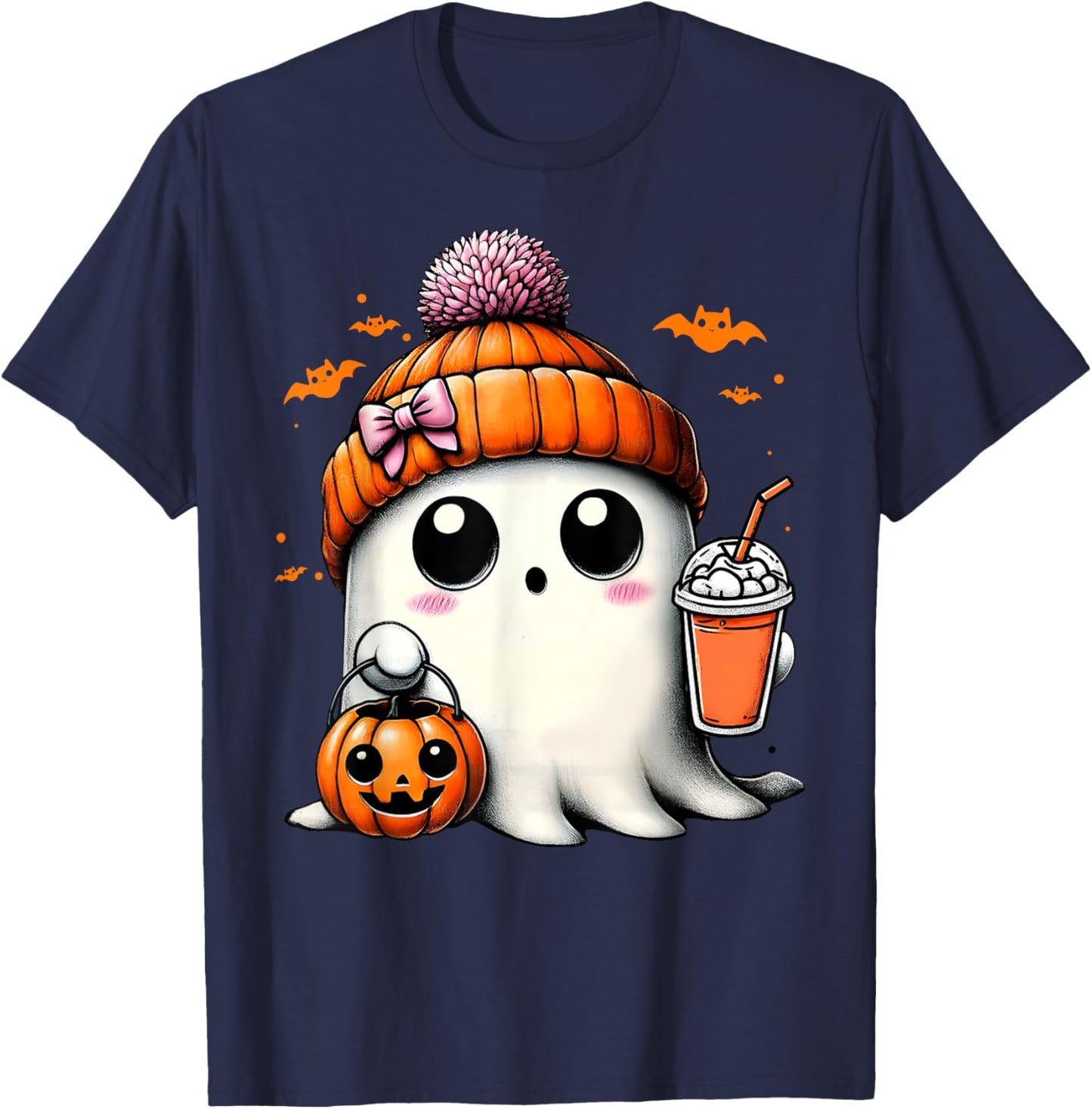 Cute Ghost Drinking Coffee Halloween Ghost Ice Coffee T-Shirt - T-Shirt | Navy