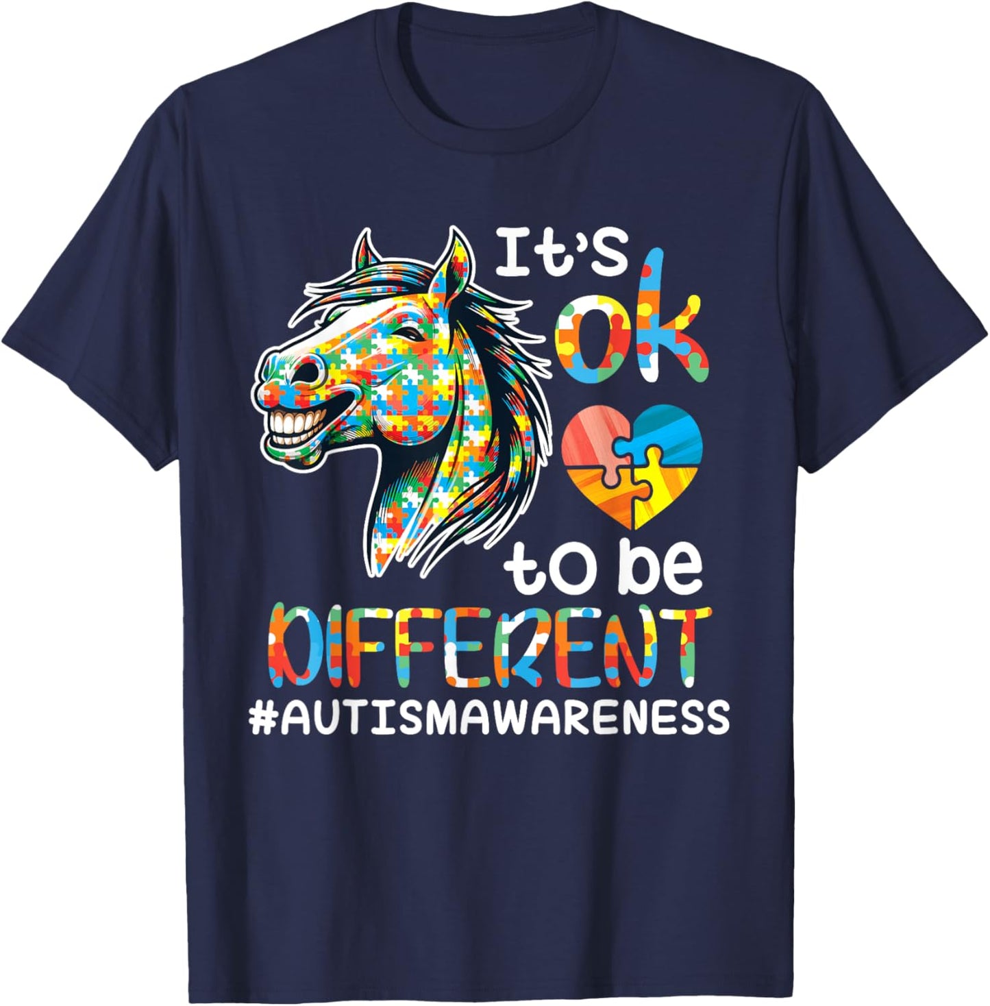 Horse Autistic It's OK To Be Different Autism Support Hope T-Shirt - T-Shirt | Navy