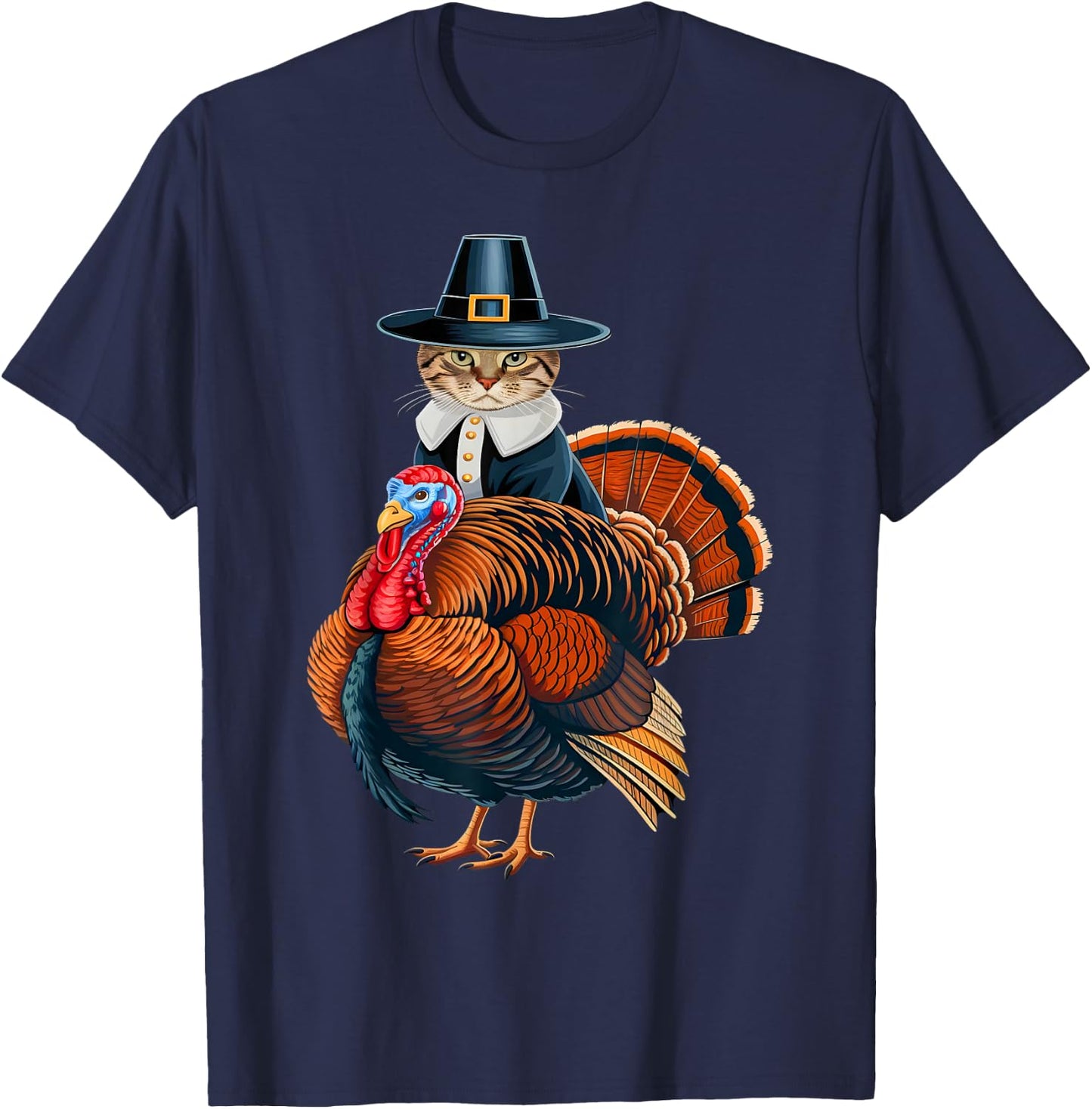 Pilgrim Cat With Turkey Funny Thanksgiving Cat And Turkey T-Shirt - T-Shirt | Navy