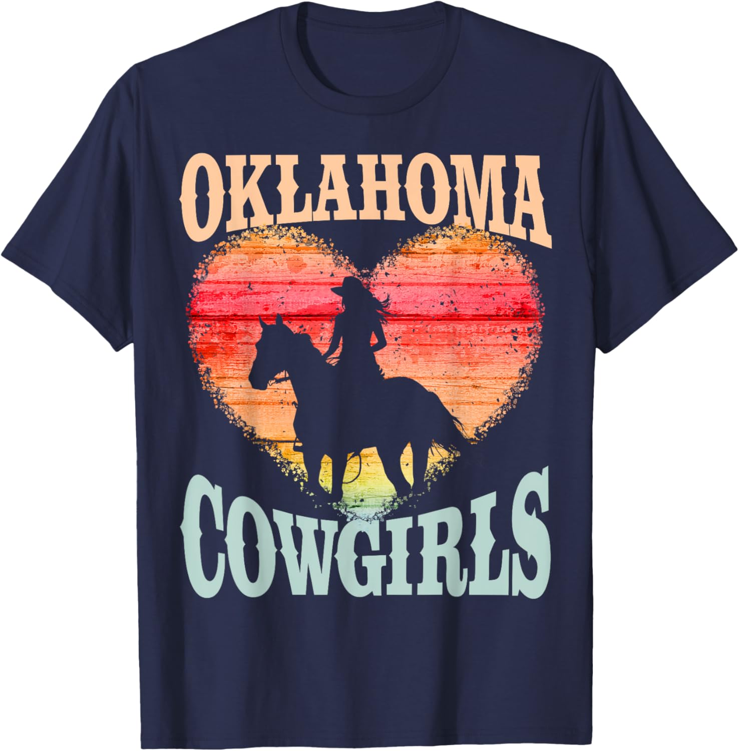 Oklahoma Cowgirls Girl Riding Horse Silhouette Ombre Heart T-Shirt - T-Shirt | Navy