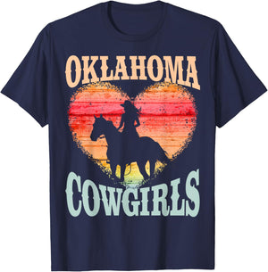 Oklahoma Cowgirls Girl Riding Horse Silhouette Ombre Heart T-Shirt - T-Shirt | Navy