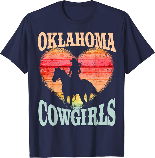 Oklahoma Cowgirls Girl Riding Horse Silhouette Ombre Heart T-Shirt - T-Shirt | Navy
