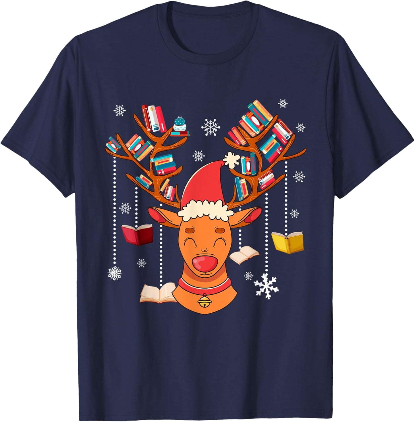 Christmas Librarian Reindeer Xmas Book Teachers Love Reading T-Shirt - T-Shirt | Navy