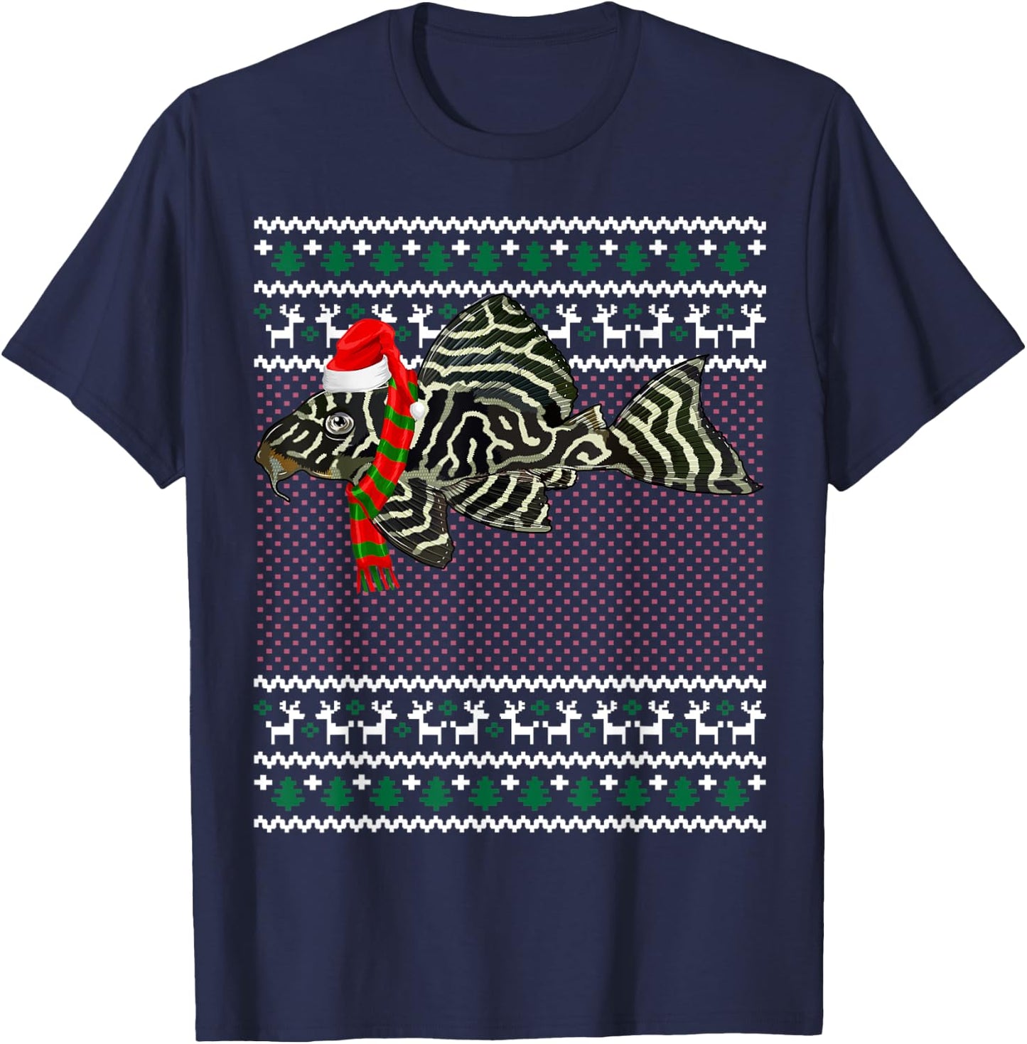 Funny Xmas Santa Hat Tiger Plecos Ugly Christmas T-Shirt - T-Shirt | Navy