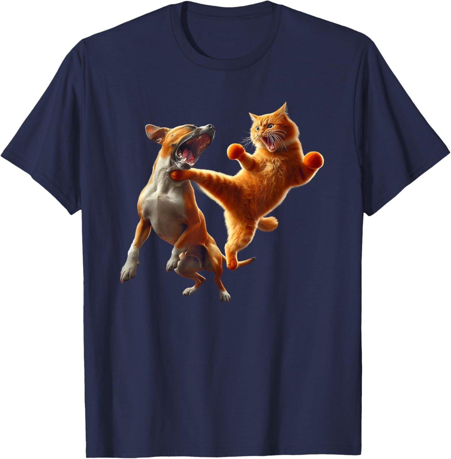 Dog Vs Cat Kick Boxing Fighting Funny Cat Joke Pun Graphic T-Shirt - T-Shirt | Navy