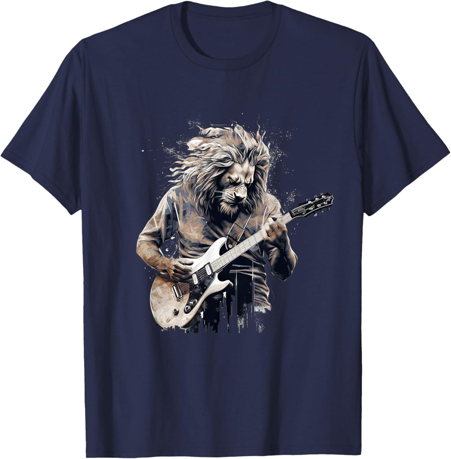 Awesome Lion Playing Electric Guitar T-Shirt - T-Shirt | Navy