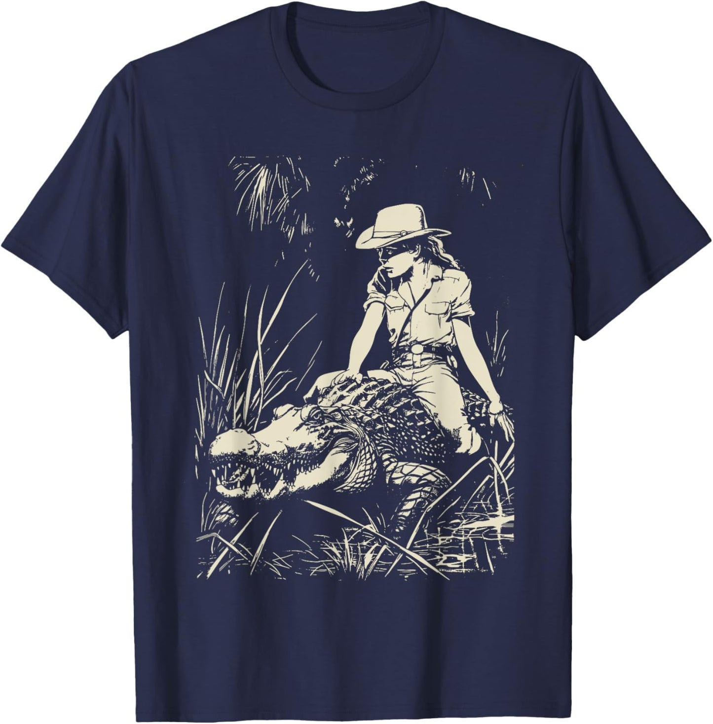 Girl riding Alligator | Weird Funny Florida Crocodile Meme T-Shirt - T-Shirt | Navy
