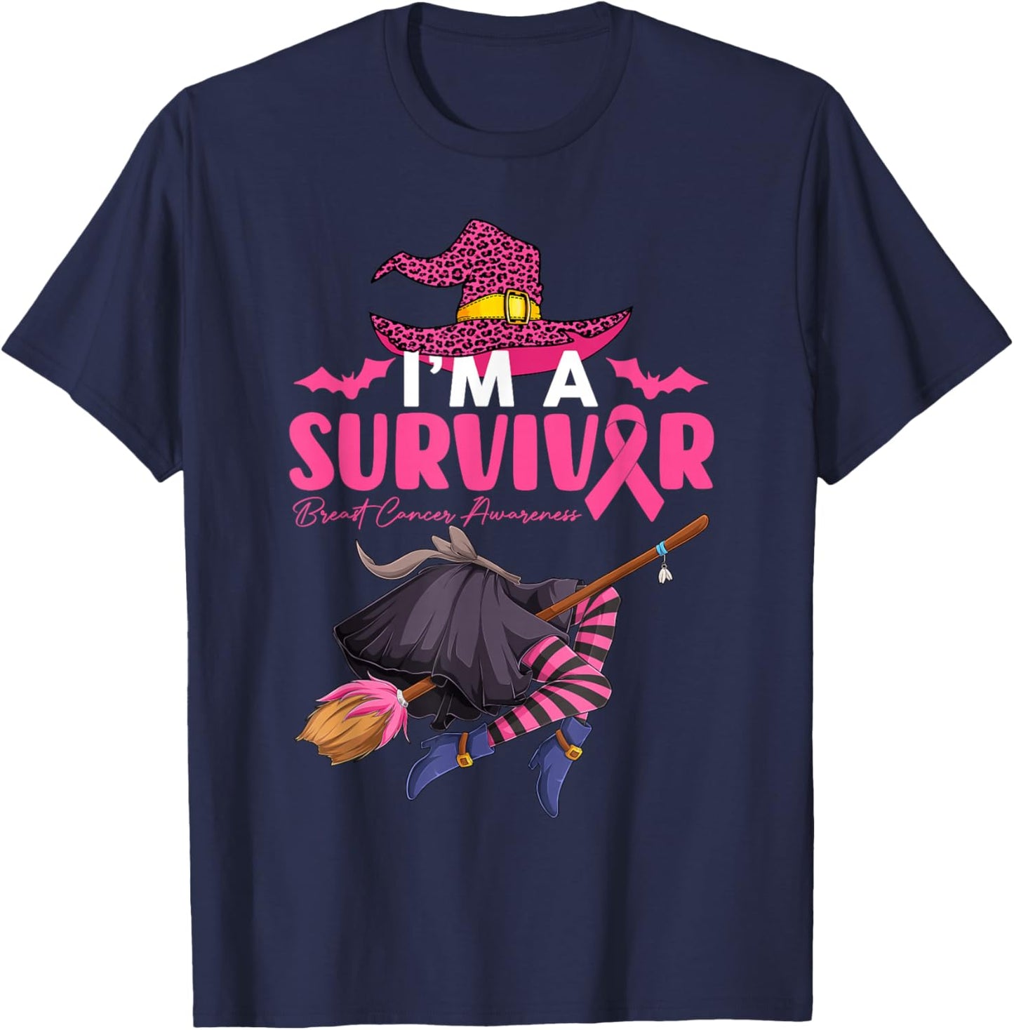 I'm Survivor Witch With Broom Breast Cancer Halloween Women T-Shirt - T-Shirt | Navy