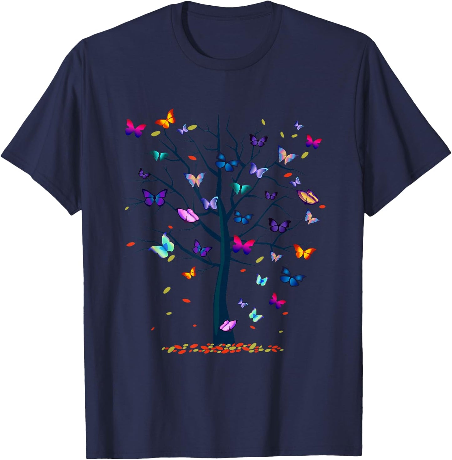 A & E C Butterfly Tree Beautiful Women's Black Butterfly Graphic T-Shirt - T-Shirt | Navy