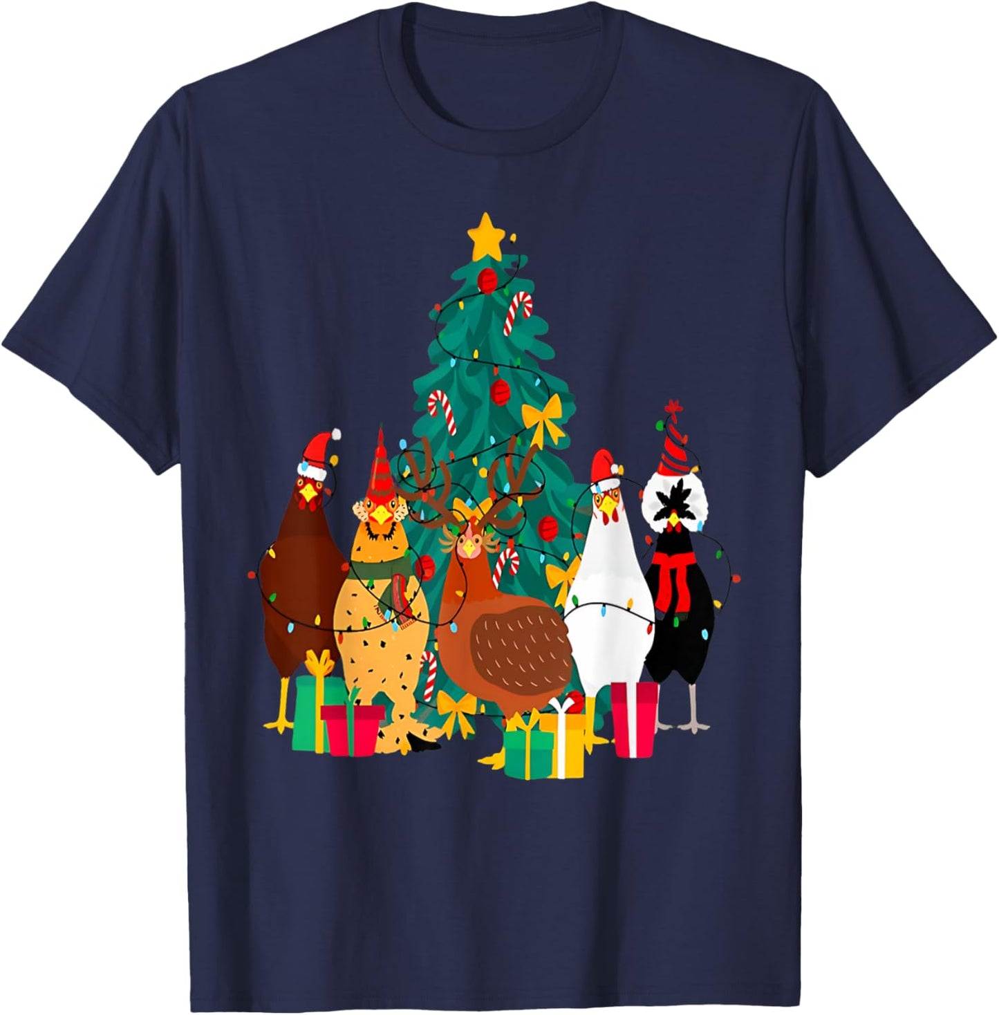 Cute Christmas Chickens Santa Farm Chickens Animals Pajamas T-Shirt - T-Shirt | Navy