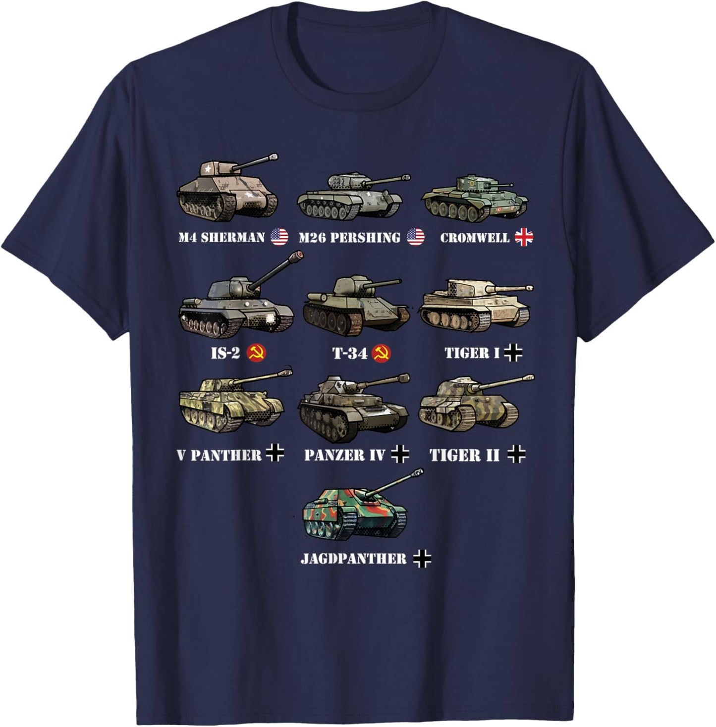 WW2 Tanks M4 Sherman Panzer IV Tiger II T-34 History Buff T-Shirt - T-Shirt | Navy