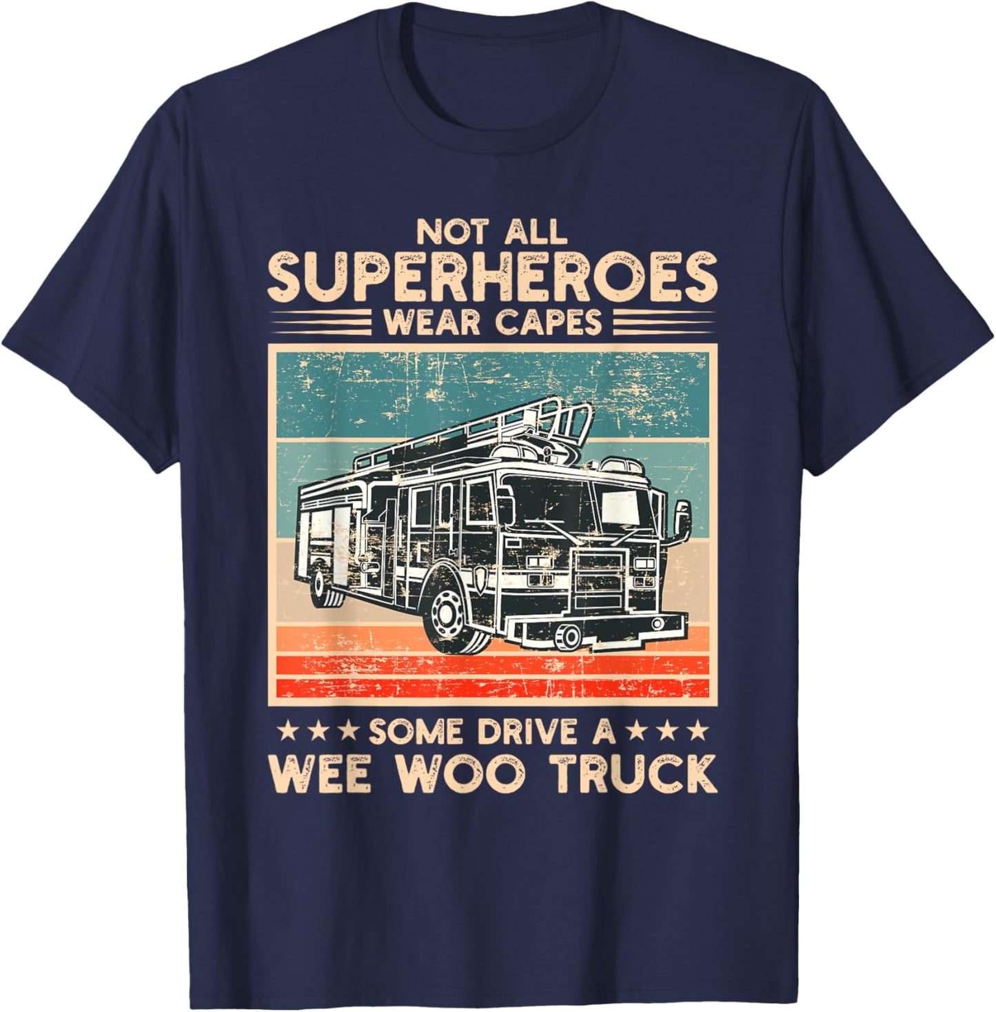 Wee Woo Fire Truck Co. Adult Superhero Humorous Modern Black , Small, Short Sleeve, Classic Fit, Crew Collar, , Cotton 65% Polyester 35% T-Shirt - T-Shirt | Navy