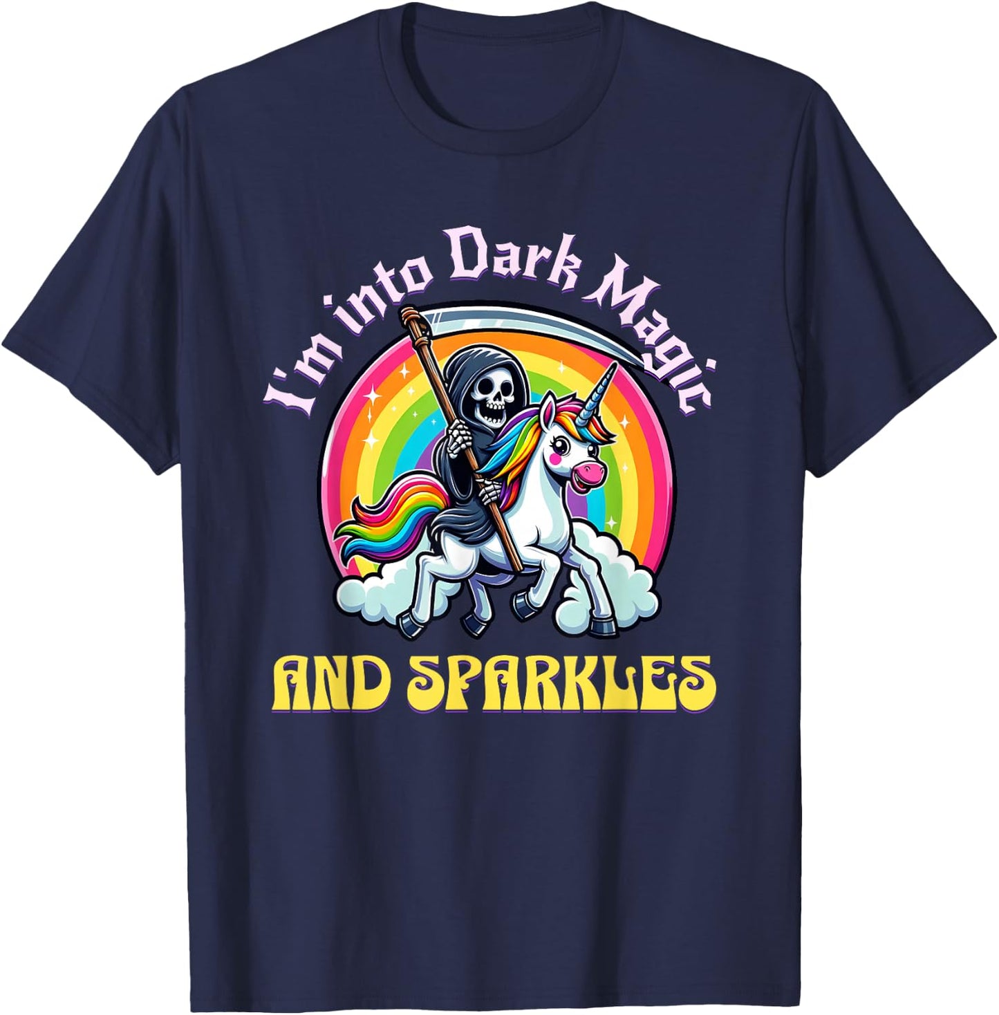 Dark Magic and Sparkles, Grim Reaper, Unicorn and Rainbow T-Shirt - T-Shirt | Navy