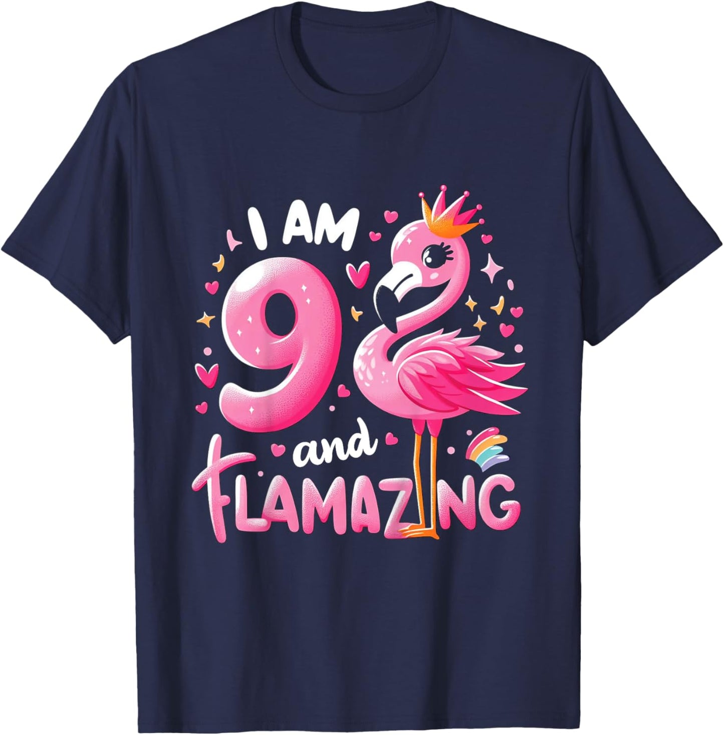 9 And Flamazing Nine Years Old 9th Birthday Flamingo T-Shirt - T-Shirt | Navy