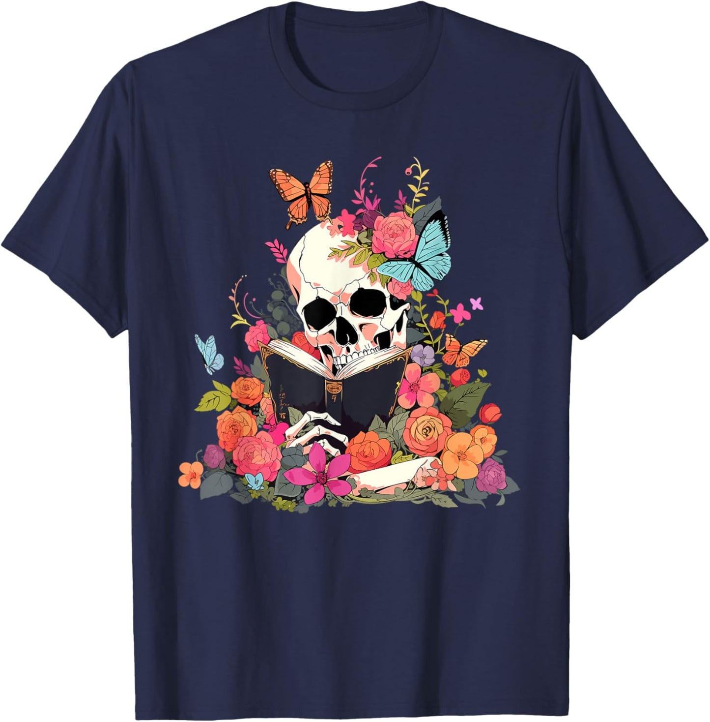 Book Reading Skull Skeleton Flowers Floral Bookish Butterfly T-Shirt - T-Shirt | Navy