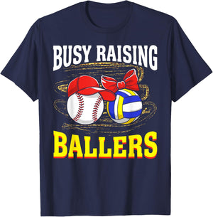 Busy Raising Ballers baseball volleyball mom leopard women T-Shirt - T-Shirt | Navy