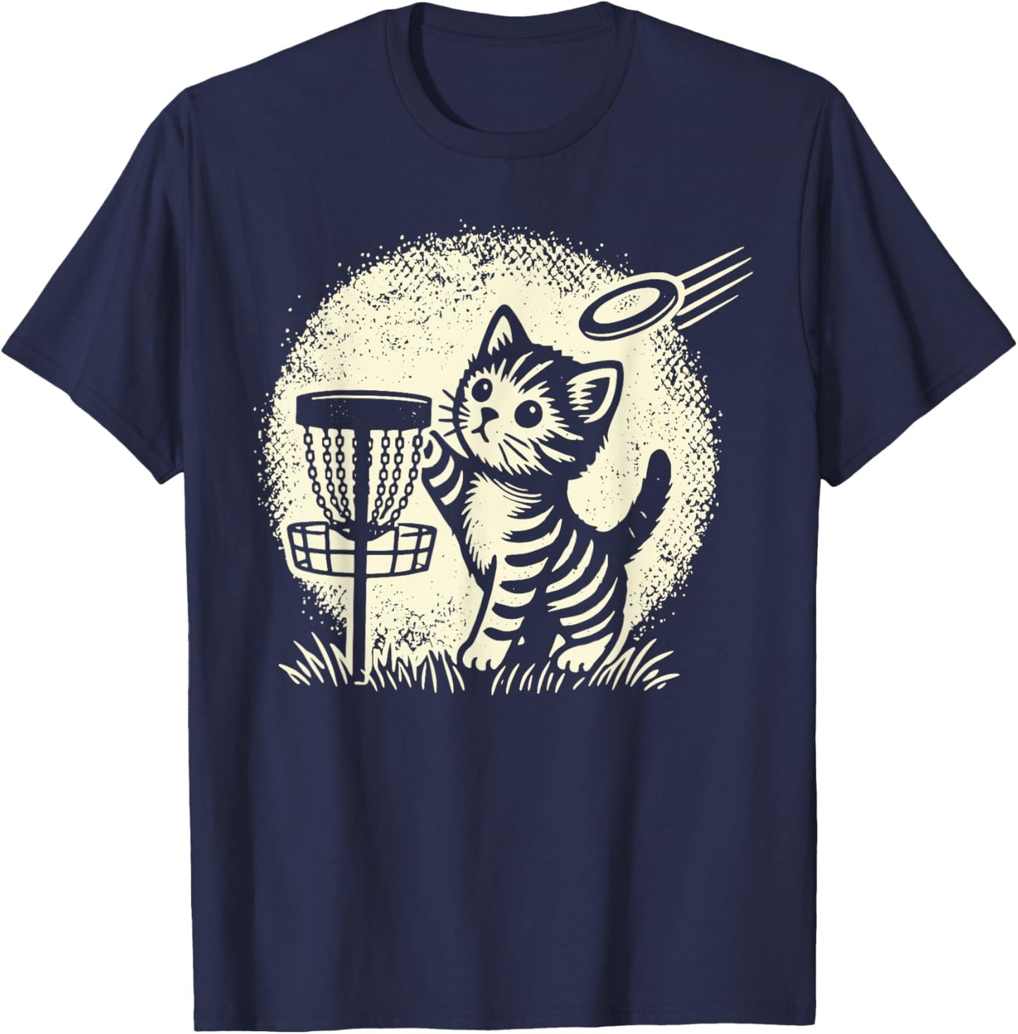 Vintage Cute Kitten Playing Disc Golf Golfing Golfer Cat T-Shirt - T-Shirt | Navy
