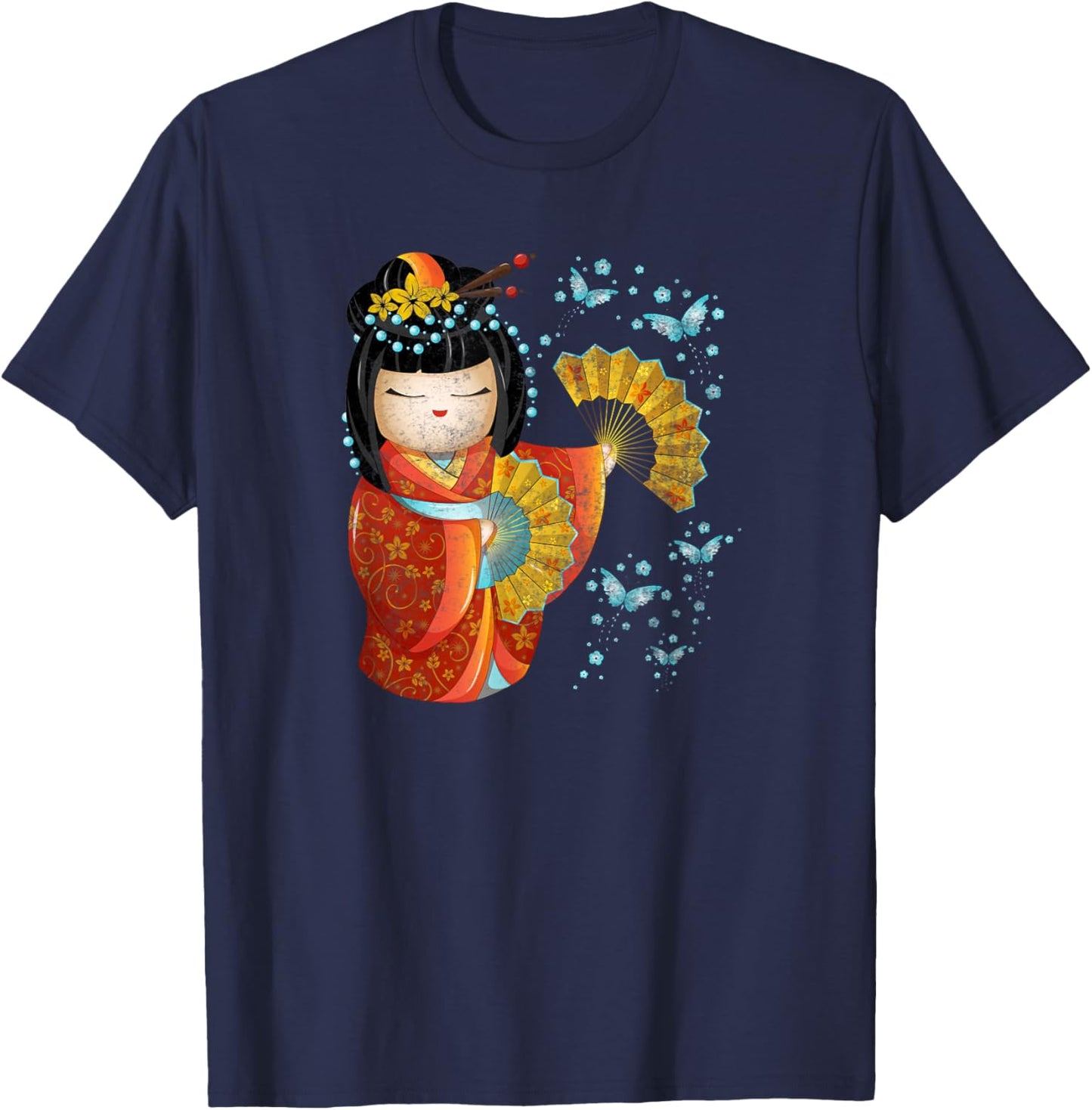 Kawaii Japanese Kokeshi Doll Kimono Geisha Butterflies T-Shirt - T-Shirt | Navy