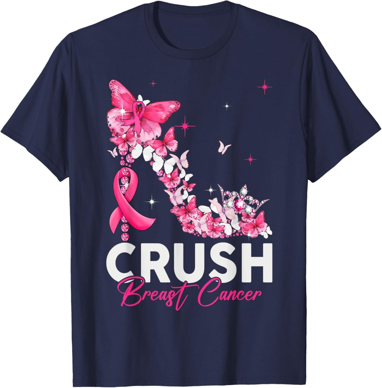 Crush Breast Cancer Awareness Bling Pink Ribbon T-Shirt - T-Shirt | Navy