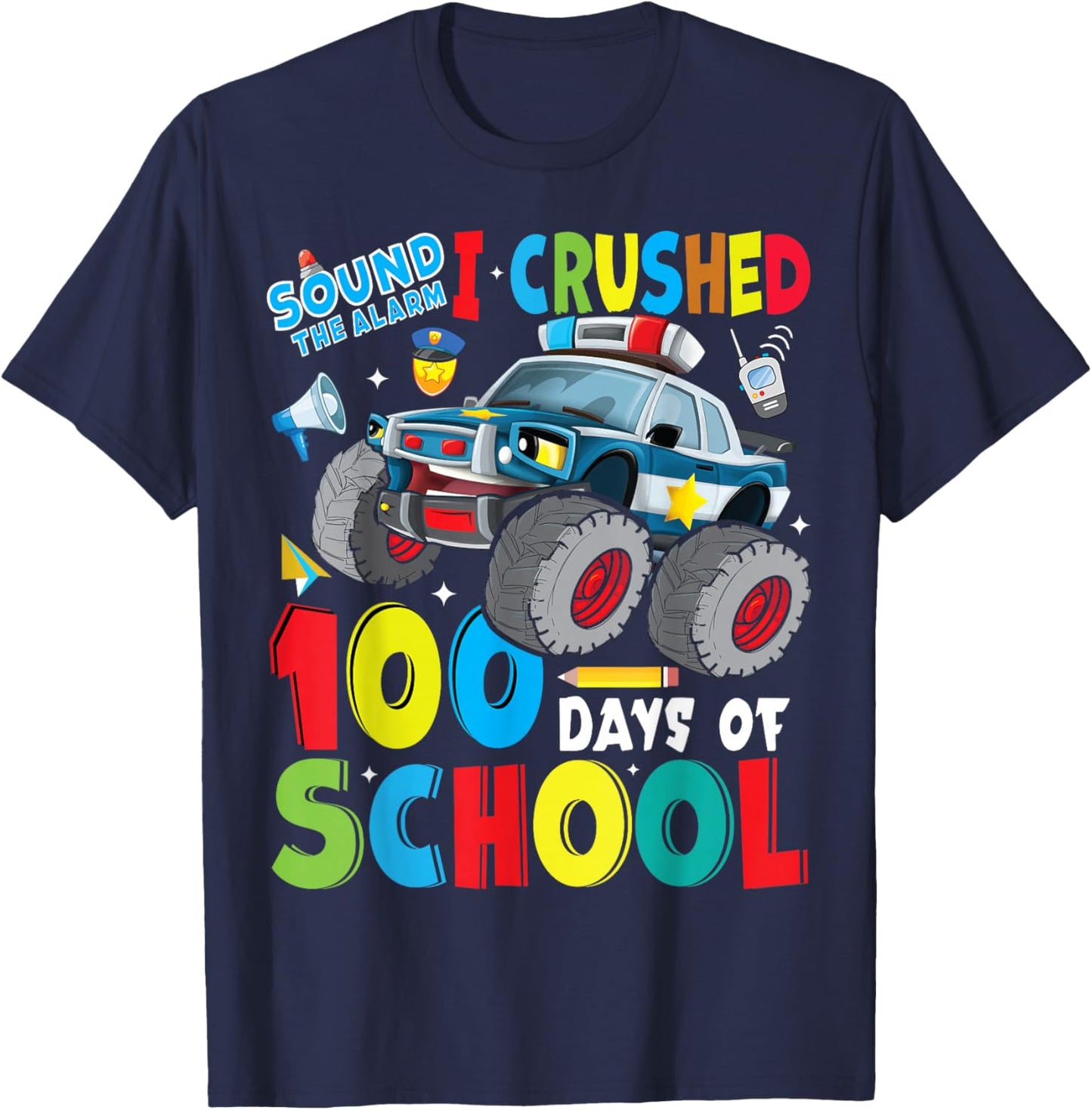 Monster Truck Police Car 100 Days of School Teachers Boys T-Shirt - T-Shirt | Navy