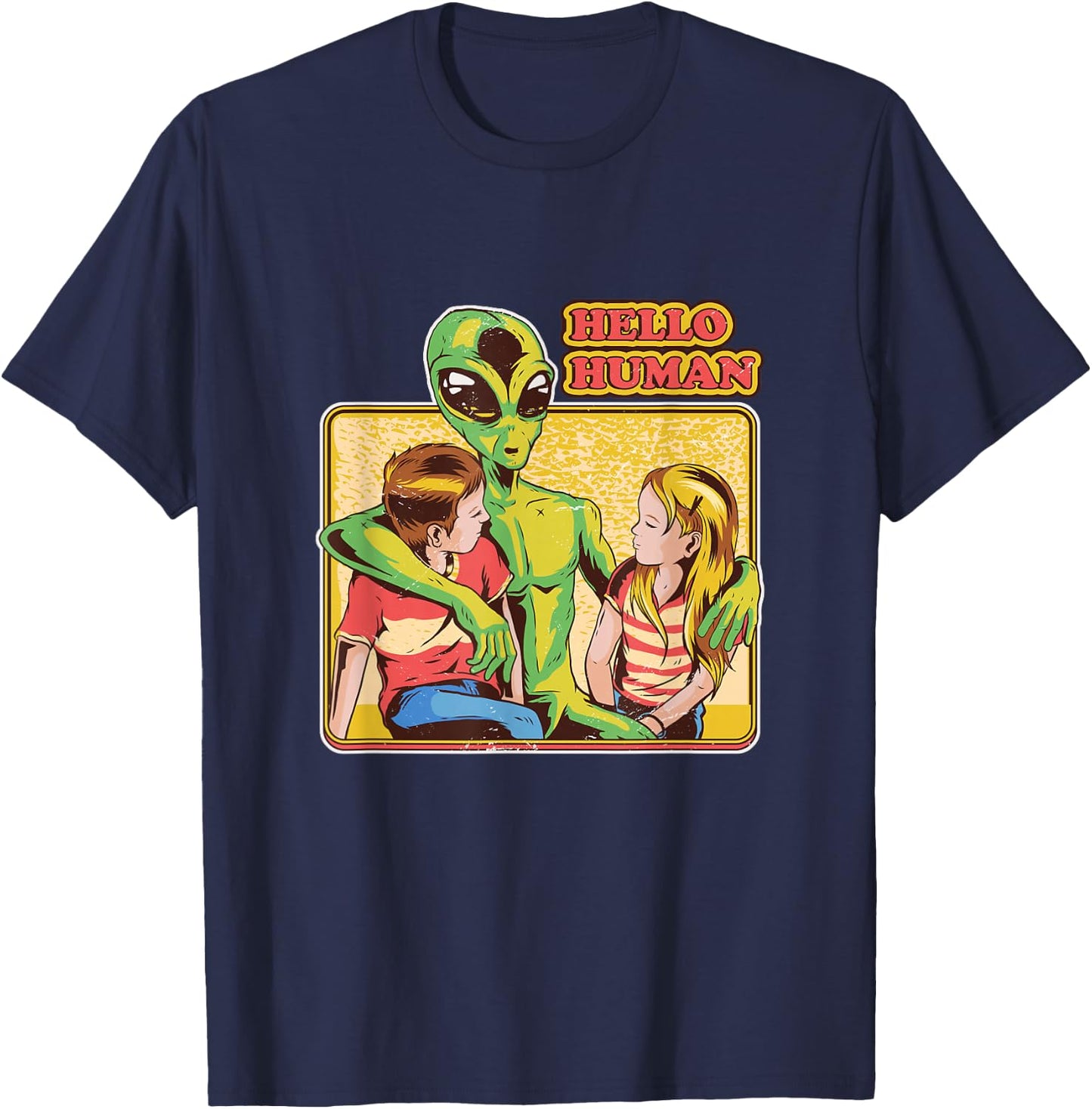 Cool Retro Alien and Hello Humans Outer Space Galaxy T-Shirt - T-Shirt | Navy