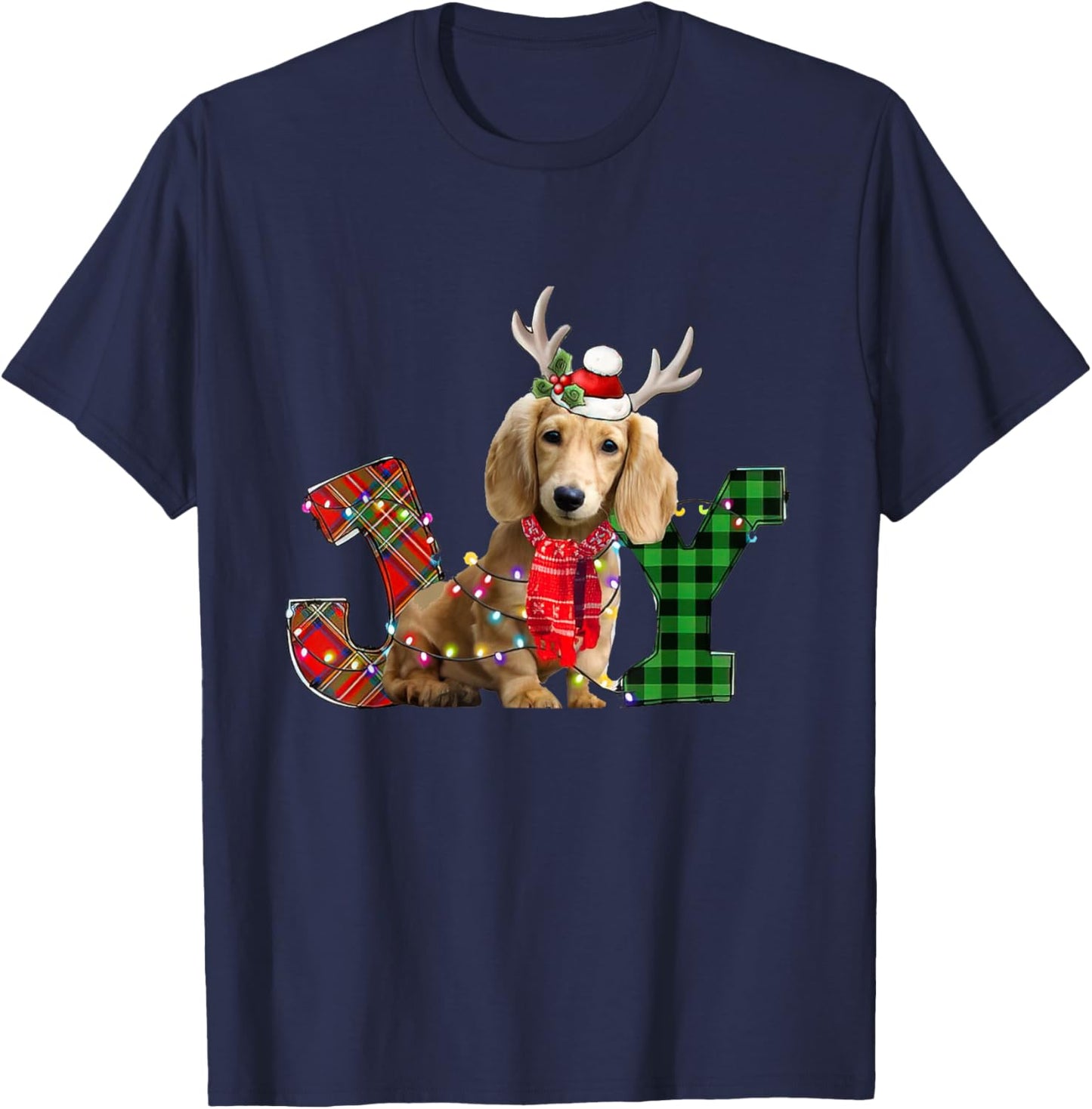 Joy Christmas Lights Long Haired Dachshund Dog Santa Hat T-Shirt - T-Shirt | Navy