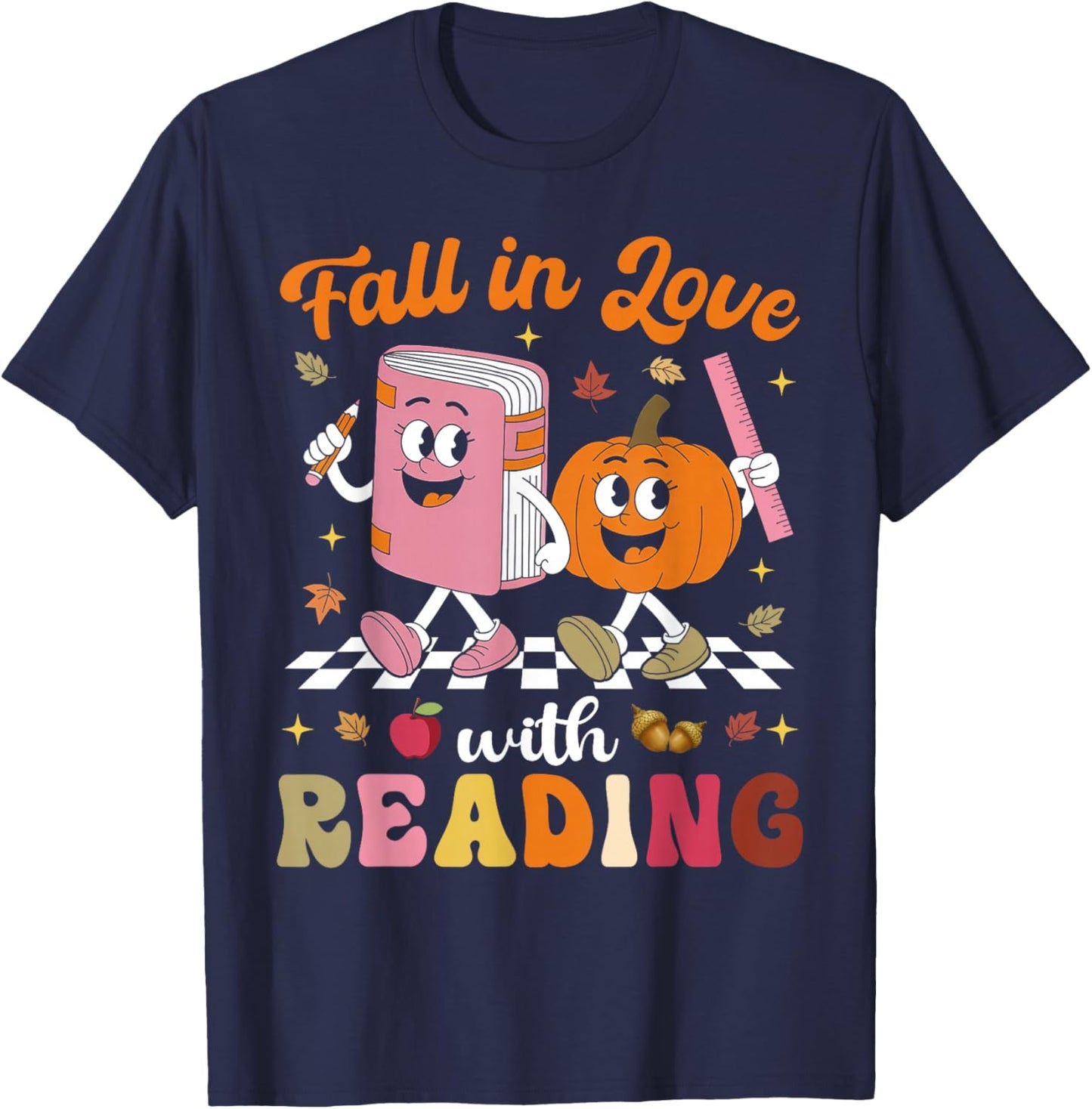 Retro Fall in Love with Learning Pumpkin Autumn Teacher T-Shirt - T-Shirt | Navy