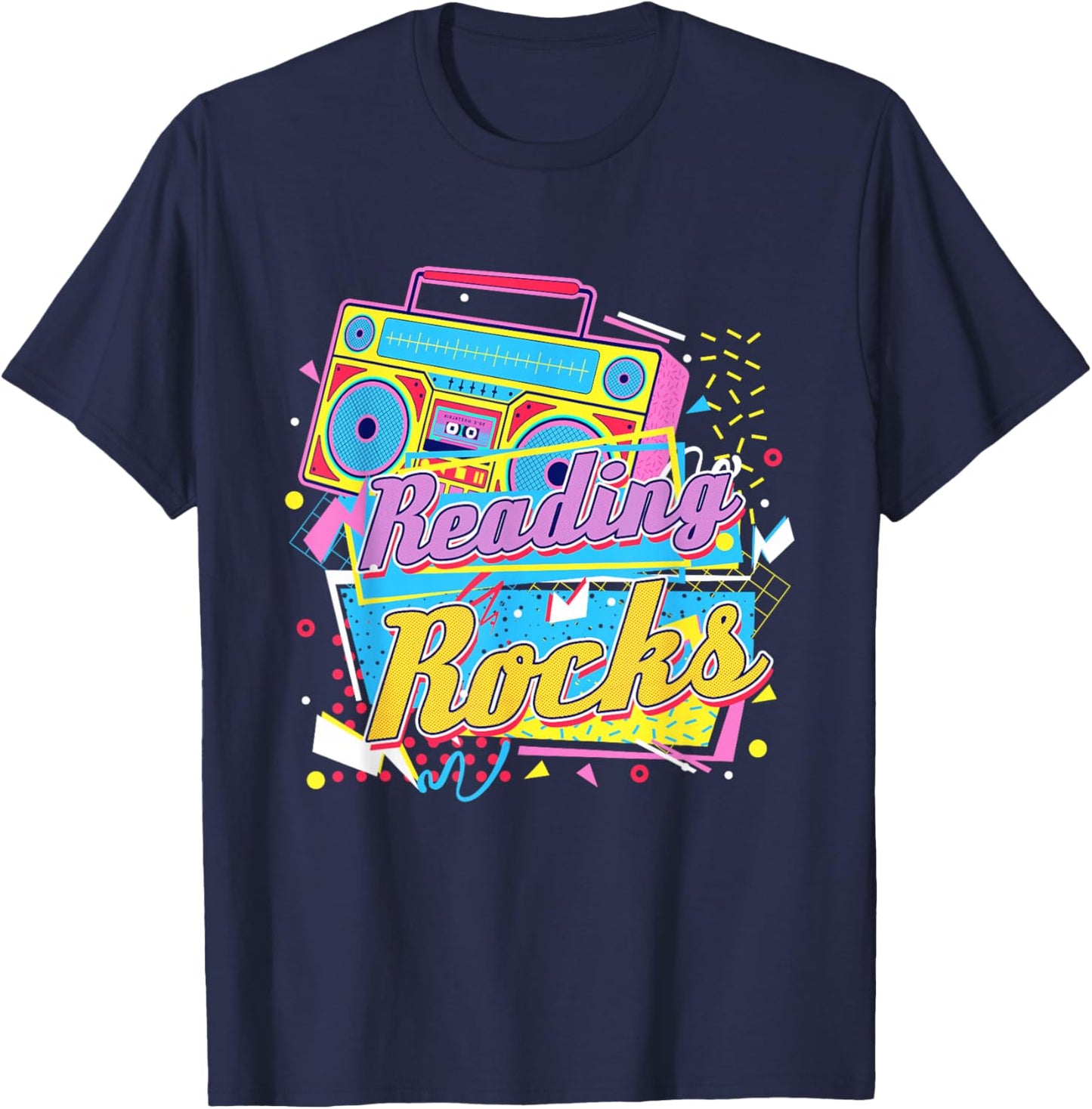 80's Reading Book Lover Reading Rocks - Black, Small, -Adults, Casual, Short Sleeve, , , Book Lover T-Shirt - T-Shirt | Navy