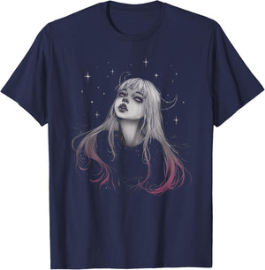 Sad Girl Demon Stars Pastel Goth Alt Pink Crying Aesthetic T-Shirt - T-Shirt | Navy
