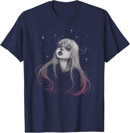 Sad Girl Demon Stars Pastel Goth Alt Pink Crying Aesthetic T-Shirt - T-Shirt | Navy