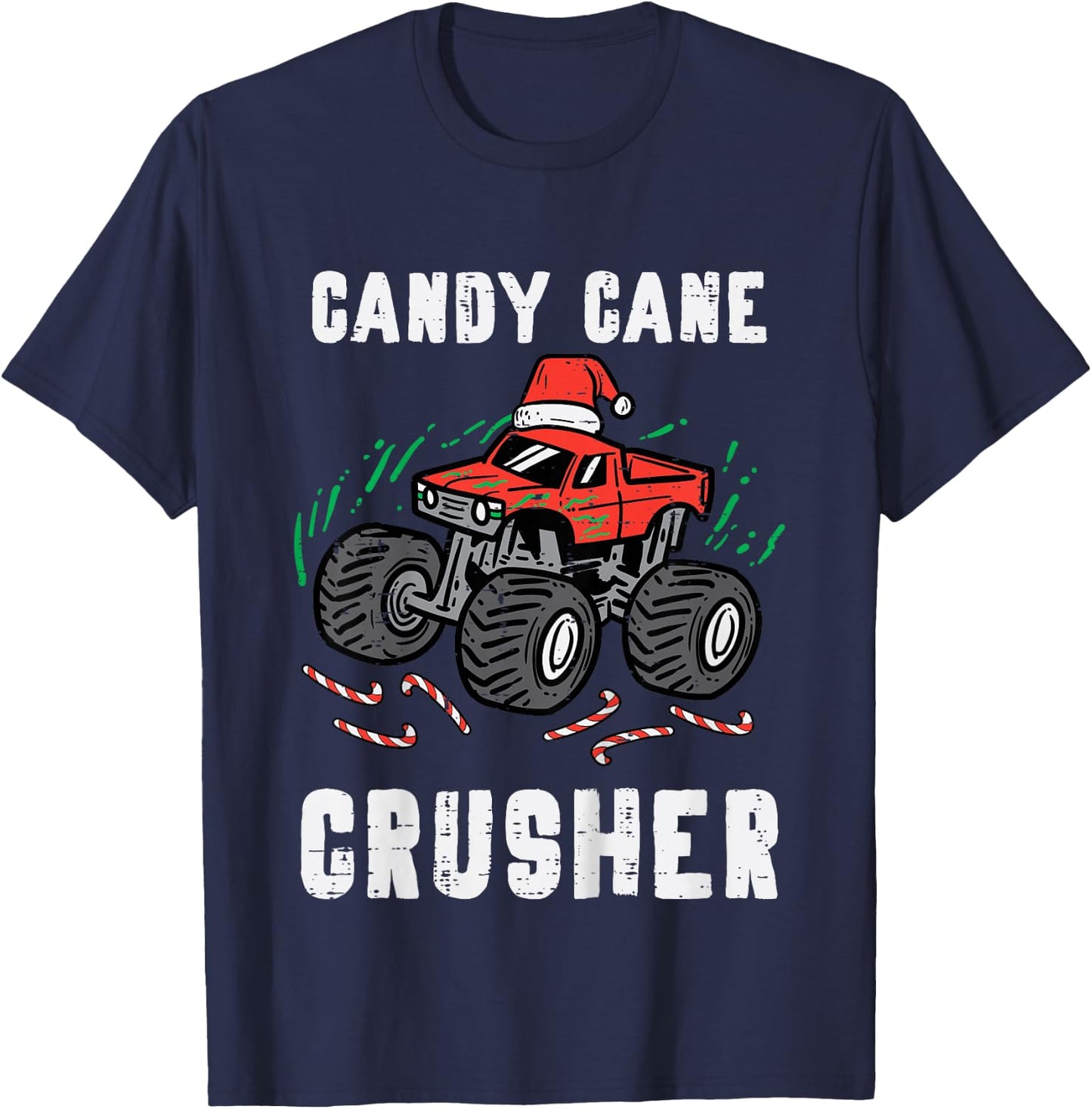 Kids Christmas Monster Truck Candy Cane Crusher Xmas Boys Kids T-Shirt - T-Shirt | Navy