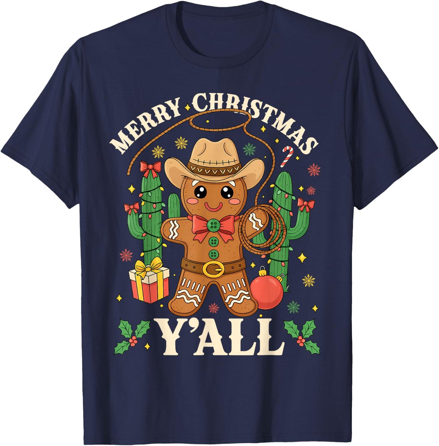 Merry Christmas Yall Gingerbread Cowboy Cowgirl Howdy Xmas T-Shirt - T-Shirt | Navy