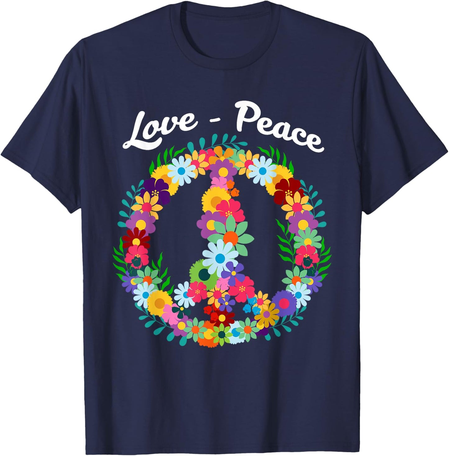 Peace Sign Love Floral Funny 60s 70s Hippie Gift T-Shirt - T-Shirt | Navy
