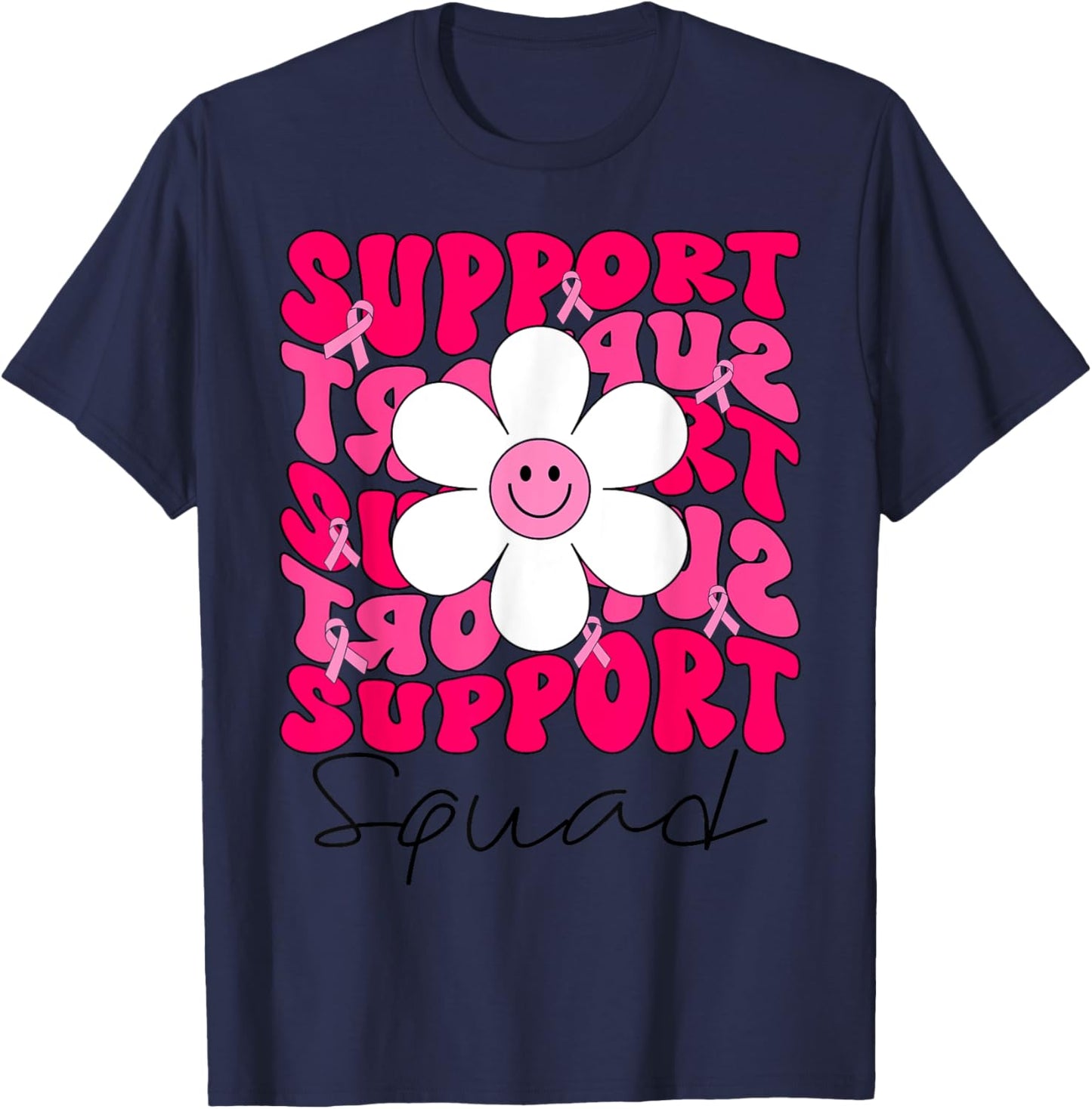 Support Squad Breast Cancer Awareness Pink Ribbon Groovy T-Shirt - T-Shirt | Navy