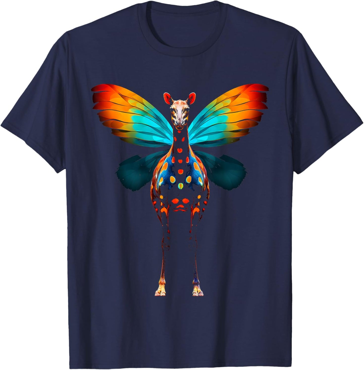 Giraffe Colorful Animal Butterfly Graphic Art Giraffe T-Shirt - T-Shirt | Navy