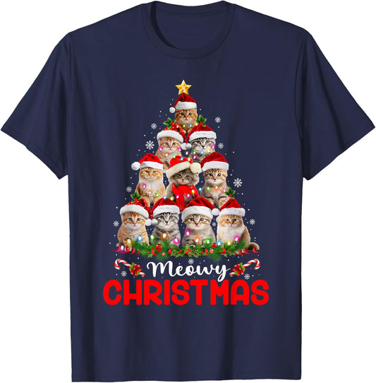 Merry Catmas Cat Christmas Tree Lights Funny Xmas Pajamas Women Kids T-Shirt - T-Shirt | Navy